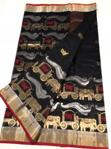 GOLDEN CHARIOTS DESIGNER AUTHENTIC ORIGINAL BLACK CHANDERI SILK SAREE FOR WOMEN -SACBCS001