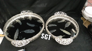 AVANTIKA , SET OF 2 ROUND SILVER FINISH FEATHER DESIGNER  WEDDING TRAYS -SNWT001SL