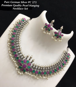 PURPLE GREEN  SUBAHU , PREMIUM GERMAN SILVER PURPLE GREEN  FINISH PEARL NECKLACE SET FOR WOMEN -LRCFPNSW001PG