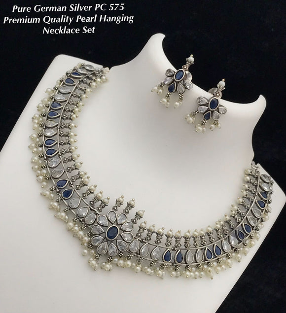 NAVY WHITE SUBAHU , PREMIUM GERMAN SILVER WHITE AND NAVY FINISH PEARL NECKLACE SET FOR WOMEN -LRCFPNSW001WN