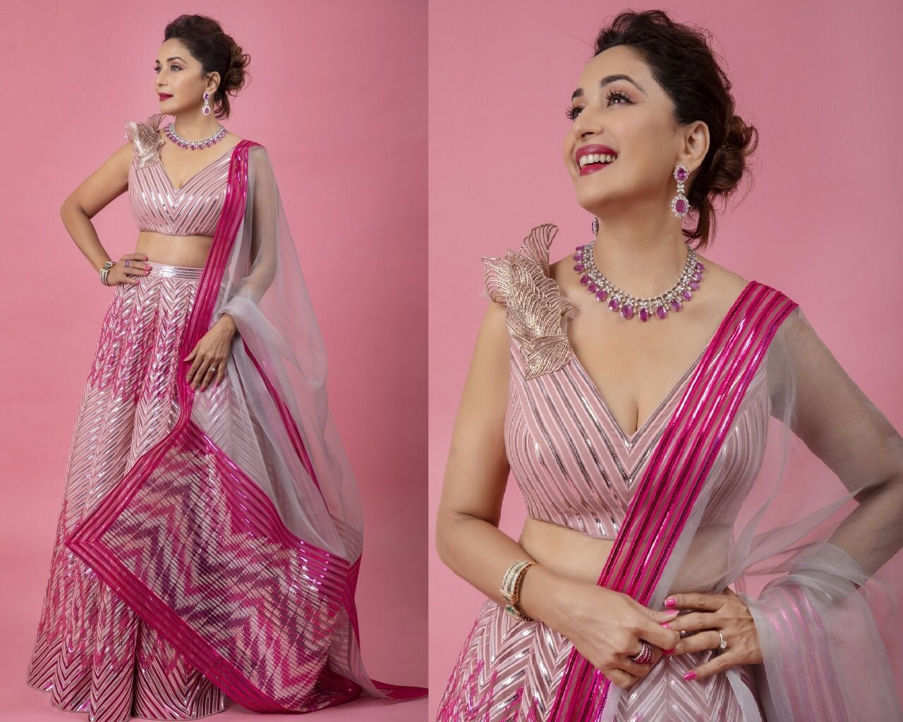 YOYO.Fashion - Madhuri Dixit Light Pink Printed Silk Lehenga Choli . . ✔️  To buy WhatsApp us on +91 8000588688 📲 . ✔️ COD Available 💸 . ✔️ Free  Shipping in India