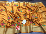 GOLDEN YELLOW SHADE PURE MYSORE SILK WRINKLE CREPE SAREE WITH BEAUTIFUL KASHMIRI EMBROIDERY ALLOVER-PDSMYS001Y