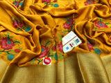 GOLDEN YELLOW SHADE PURE MYSORE SILK WRINKLE CREPE SAREE WITH BEAUTIFUL KASHMIRI EMBROIDERY ALLOVER-PDSMYS001Y