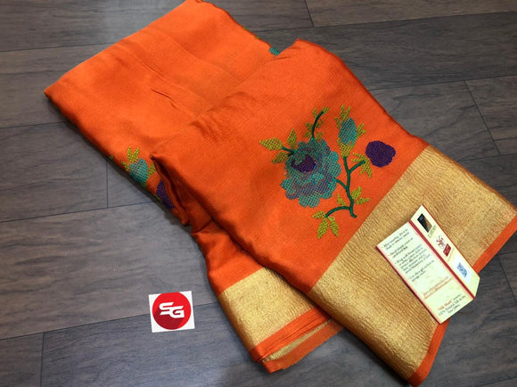 ORANGE  SHADE PURE MYSORE SILK WRINKLE CREPE SAREE WITH BEAUTIFUL KASHMIRI EMBROIDERY ALLOVER-PDSMYS001O