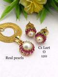 MEEZAN, GOLD FINISH ELEGANT REAL PEARL  EARRINGS WITH PEDNANT AND CHAIN SET FOR WOMEN -GANU001PCE