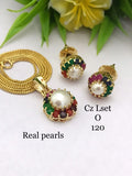 MEEZAN, GOLD FINISH ELEGANT REAL PEARL  EARRINGS WITH PEDNANT AND CHAIN SET FOR WOMEN -GANU001PCE