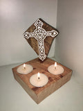 HOLY CROSS DESIGN , WOODEN BLOCK PRINT CARVED CHRISTMAS SPECIAL CANDLE HOLDER WITH CANDLES-BLOC001HC