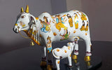 WHITE COW AND CALF MEENAKARI  EMBOSSED PAINTING STATUE -MKCC