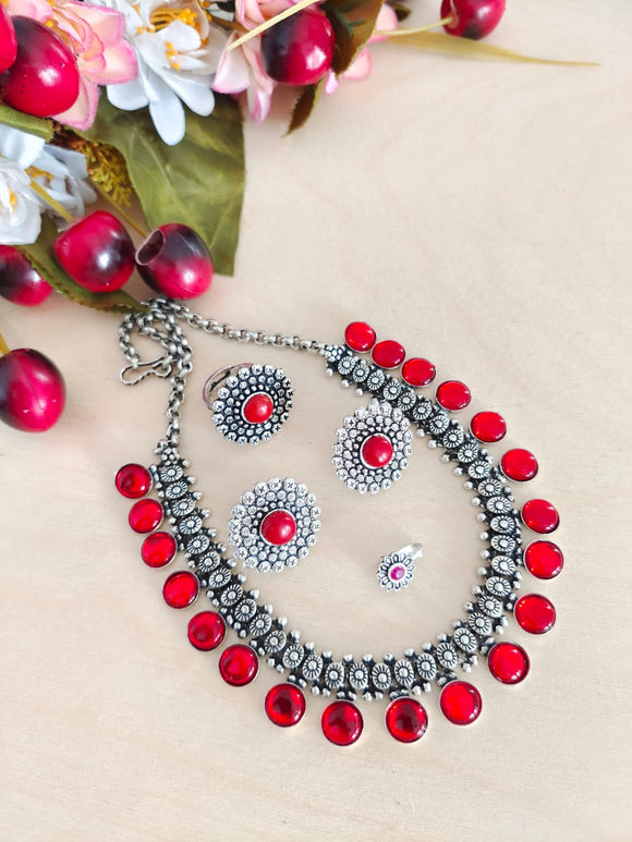 RED KEMP OXIDISED SILVER JEWELLERY COMBO FOR WOMEN -SARA001R