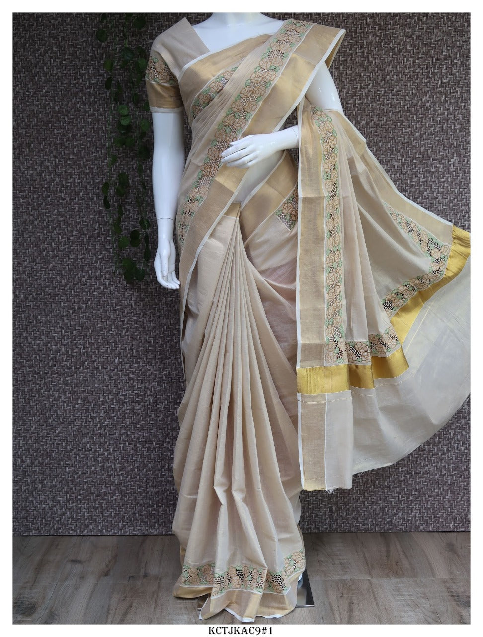 Kerala off-white with green semi tissue handwoven and hand painted mural  designed saree