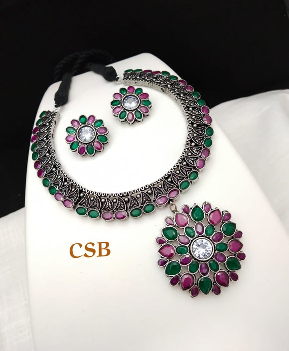 PINK AND GREEN STONES ELEGANT GERMAN SILVER NECKLACE SET FOR WOMEN -SARA001GMPG