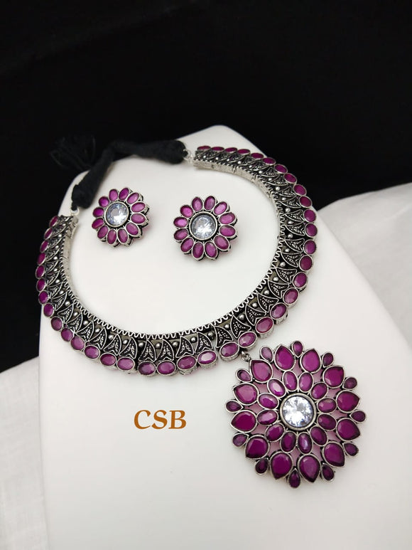 DEEP PINK  SHADE  STONES ELEGANT GERMAN SILVER NECKLACE SET FOR WOMEN -SARA001GMDP