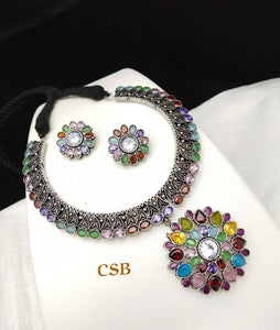 MULTI COLOR   STONES ELEGANT GERMAN SILVER NECKLACE SET FOR WOMEN -SARA001GMMC