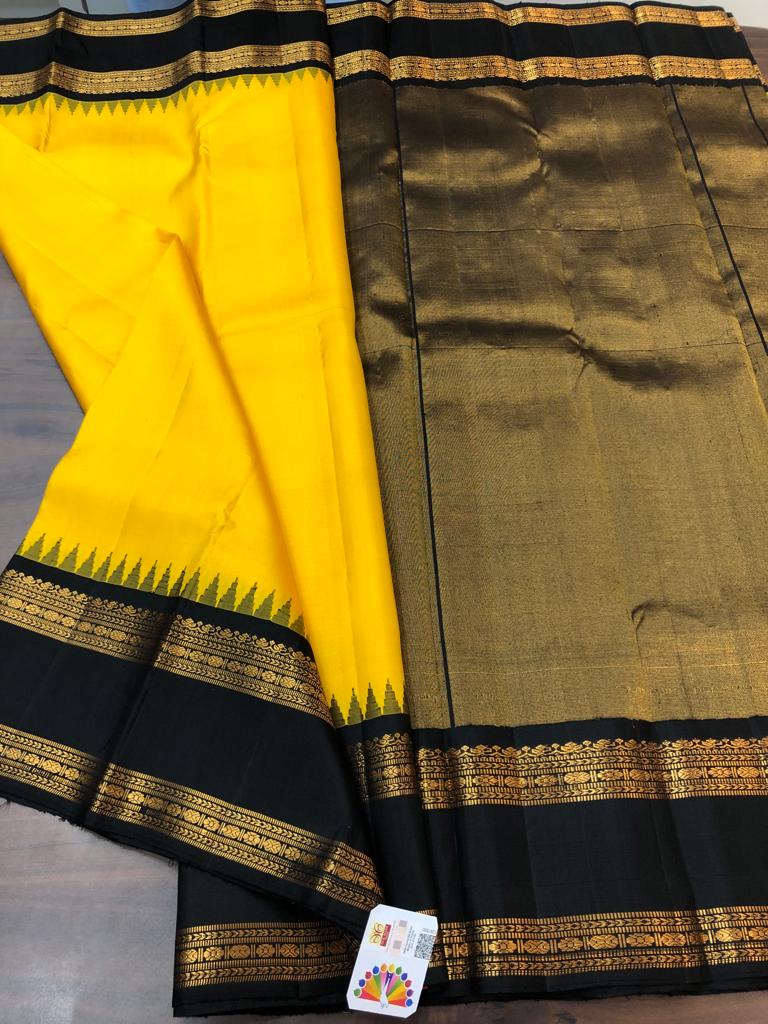 Mustard Yellow Silk Kanjivaram Saree with Sheen Border, Golden Zari Motifs  and Black Aanchal From Tamil Nadu | Exotic India Art