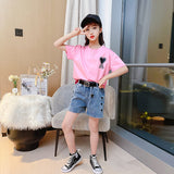 Mini denim shorts with tee for kids-OKG001P