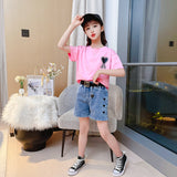 Mini denim shorts with tee for kids-OKG001P