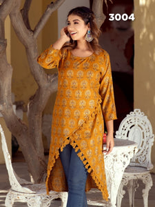 MUSTARD YELLOW SHADE GOLD FOIL PRINT KURTI FOR WOMEN -KASH001MY