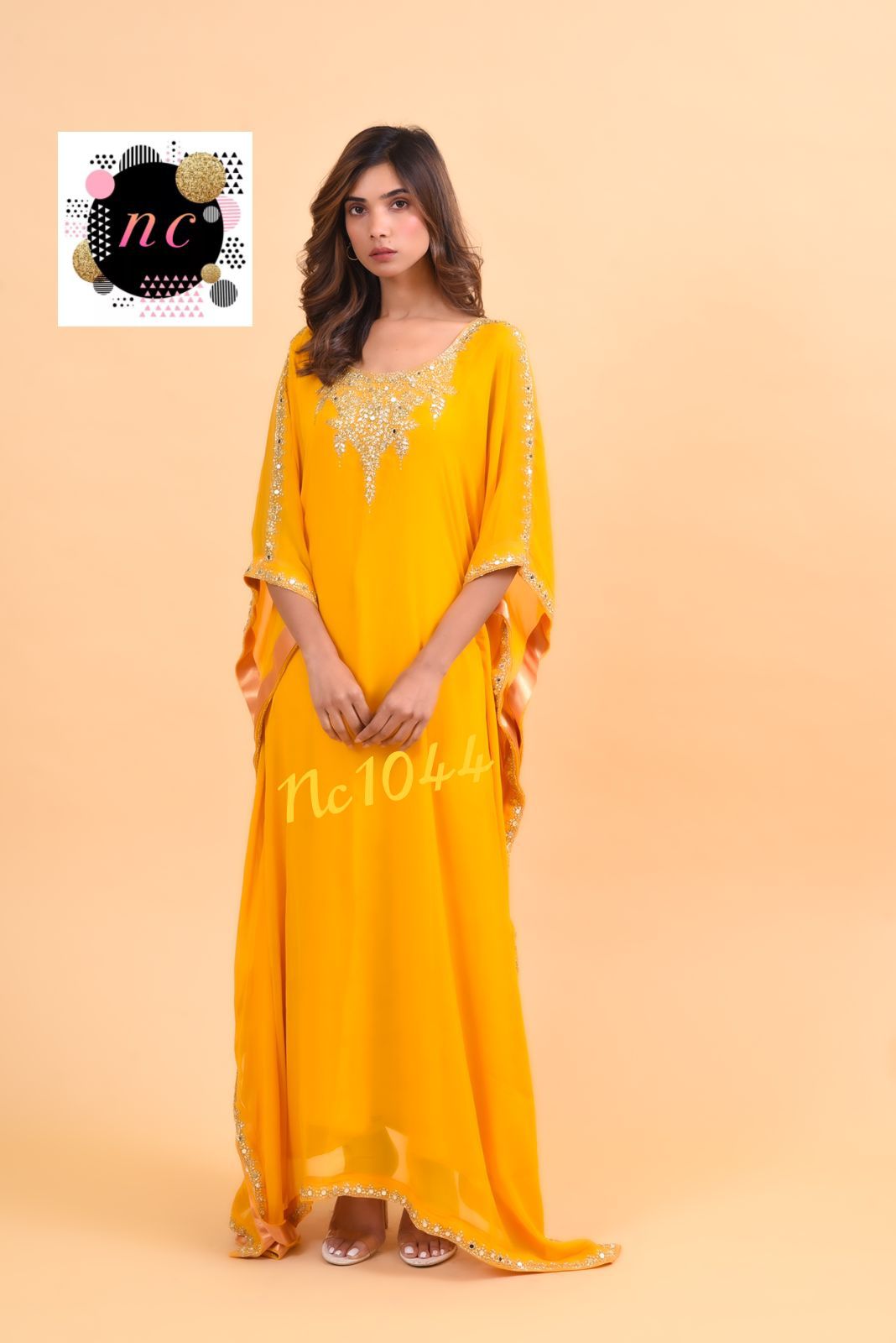 Beautiful Yellow Color Embroidered Designer Kaftan Dress