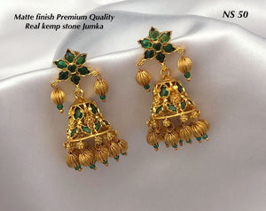 AASHVI , MATTE GOLD FINISH GREEN KEMP STONES JUMKA FOR WOMEN -LR001JWA