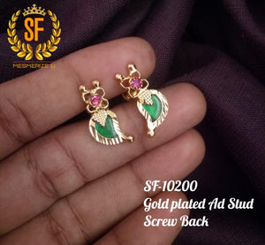 PALAKKA , GREEN MANGO SHAPE WITH PINK STONES STUD WITH BACK SCREW EARRINGS-ART001PE