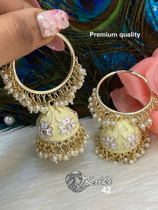 LEMON YELLOW   MONIKA, BEAUTIFUL GOLD FINISH GUNGROO MEENAKARI LOOP JUMKA FOR WOMEN -RADHE001JLY