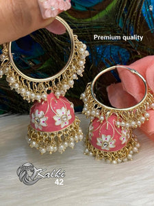 ONION PINK MONIKA, BEAUTIFUL GOLD FINISH GUNGROO MEENAKARI LOOP JUMKA FOR WOMEN -RADHE001JOP