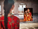 RED AND GOLDEN YELLOW  PAITHANI SAREE WITH DESIGNER BLOUSE AND UNIQUE LATKANS-OM001RY