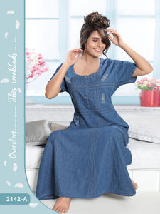 AMALA, Luxury Premium Quality Denim Cotton Soft Fabric With Thread Work  Nighty for Women -LYF001DNH