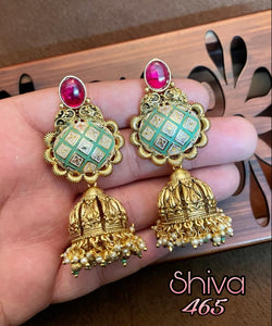 SHIVA, MATTE GOLD KUNDAN JUMKA WITH ENAMEL WORK-LR001KJ