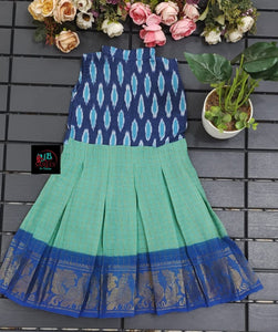 BLUE AND LIGHT BLUE  SHADE DESIGNER SUNGUDI FROCK WITH IKAT FUSION -SRI001ISFBLB