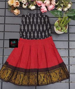 PINK AND BLACK SHADE DESIGNER SUNGUDI FROCK WITH IKAT FUSION -SRI001ISFPBL