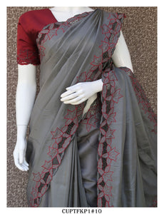 Cutwork on Uppada Silk Saree with Contrast Work and Blouse Piece-KIA001USSCW