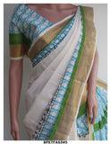 ATHRA , ELEGANT HAND BLOCK PRINTED KERALA COTTON SAREE WITH GOLD ZARI -KIA001GBG