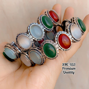 MULTI SHADE , ELEGANT BRASS MONALISA STONE STUDDED GERMAN SILVER BANGLE SET -MYCHO001MS