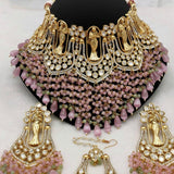 GOLDEN LADY , ELEGANT KUNDAN NECKLACE SET WITH PINK SHADE DANGLING BEADS-NEERA001PKNS