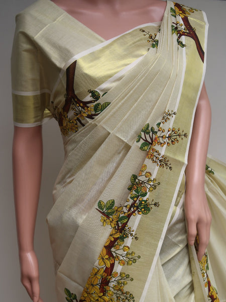 Golden Tissue Set Saree With Golden Kara And Mural Paint | sreevalsamsilks