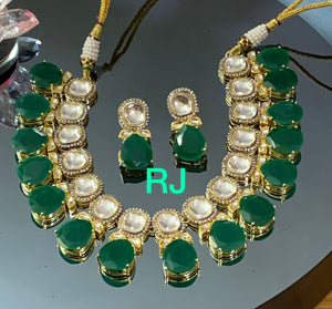 JADE SHEEBA , ELEGANT GOLD FINISH KUNDAN NECKLACE SET WITH JADE GREEB STONES-RITZ001KNJG