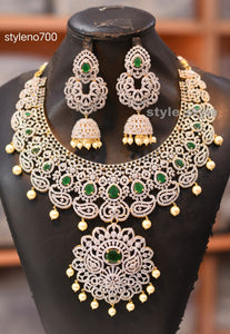 JYOTIKA GREEN , ELEGANT DIAMOND STUDDED GOLD FINISH BRIDAL NECKLACE SET FOR WOMEN -LR001DNSG