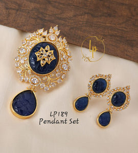 INDIGO BLUE ,  DESIGNER GOLD FINISH PENDANT AND EARRINGS SET FOR WOMEN -LR001IB