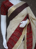 Jayalalitha , Kerala Golden Tissue Saree with Printed Ajrakh Patch Border with 2 Blouse pieces-KIA001OSA