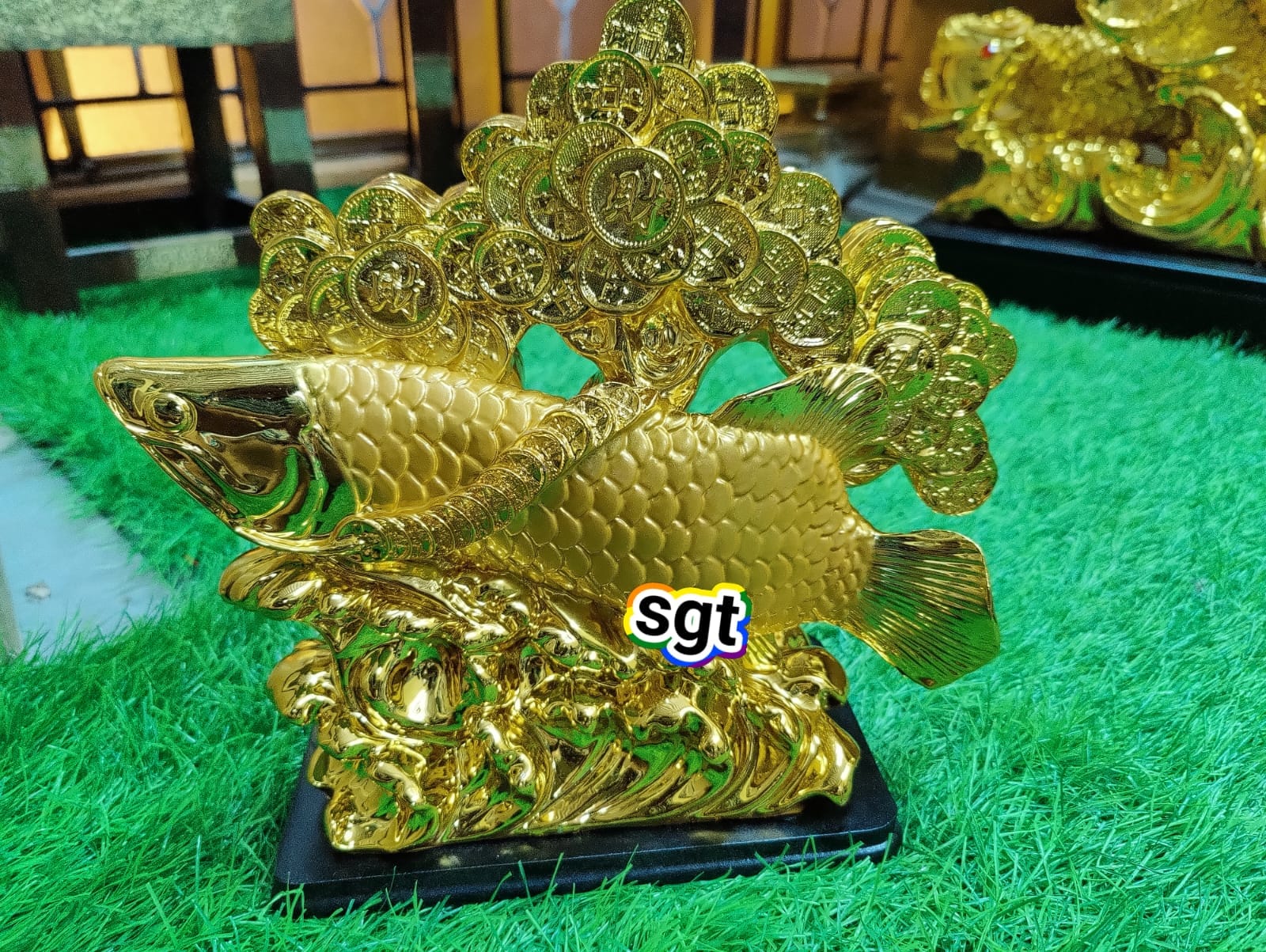 Feng Shui Dragon Fish Holding A Coin Metal Golden Arowana Statue deals For