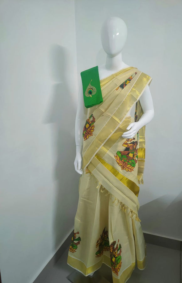 Buy Aambal® Kuthampully Kerala Kasavu Bead worked Semi Stitched Dhavani Set/Half  Saree with Mirror Work (Green) at Amazon.in