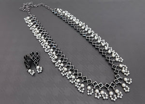 Premium quality long stone Silver replica necklace set with  matching earrings-RITU001MNSB