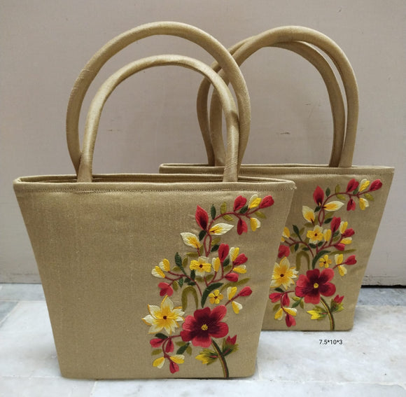Set of 2 ,Golden shade Beautiful Handbags with pink and yellow elegant –  www.soosi.co.in