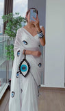 White pure soft georgette saree with khatli evil eye design and stitched blouse-GARI001EYS