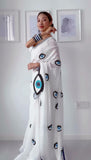 White pure soft georgette saree with khatli evil eye design and stitched blouse-GARI001EYS