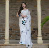 White pure soft georgette saree with khatli evil eye design and stitched blouse-GARI001EYS