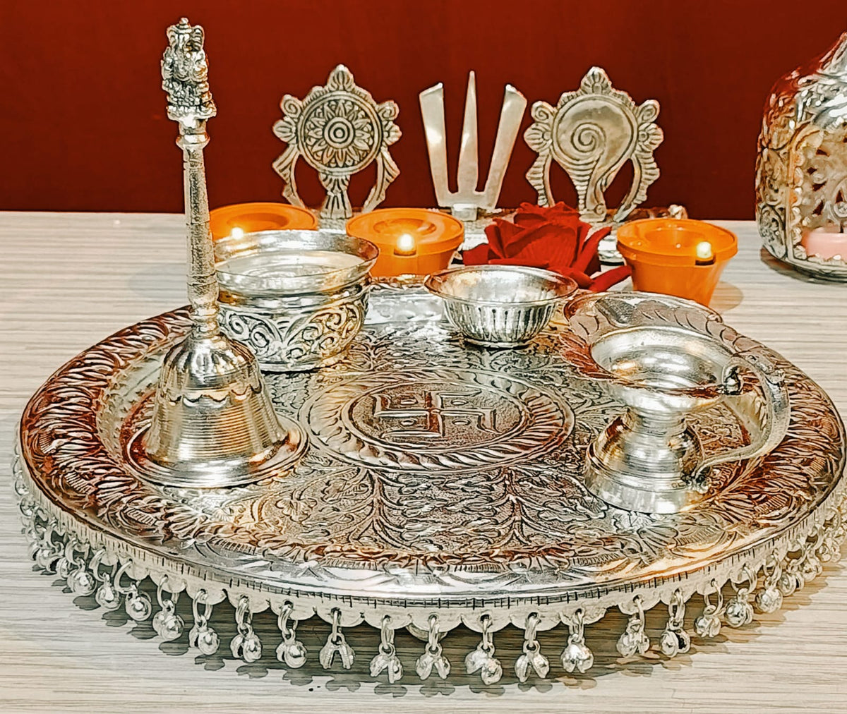 German silver antique Ghungroo thali set-LR001GPT – www.soosi.co.in