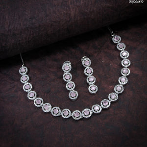 Pastel Pink  Yosha ,Silver  Finish Elegant American Diamond Necklace Set for Women -YOSH001NSPP