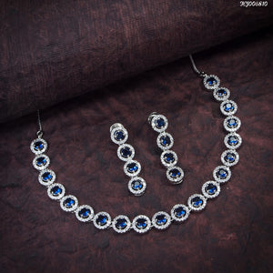 Blue Yosha ,Silver  Finish Elegant American Diamond Necklace Set for Women -YOSH001NSBL